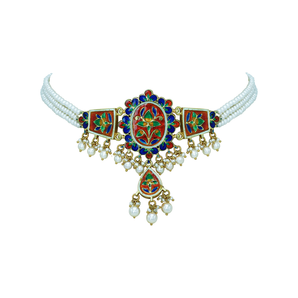 Mint Enamel Choker with Polki Diamonds and Pearls